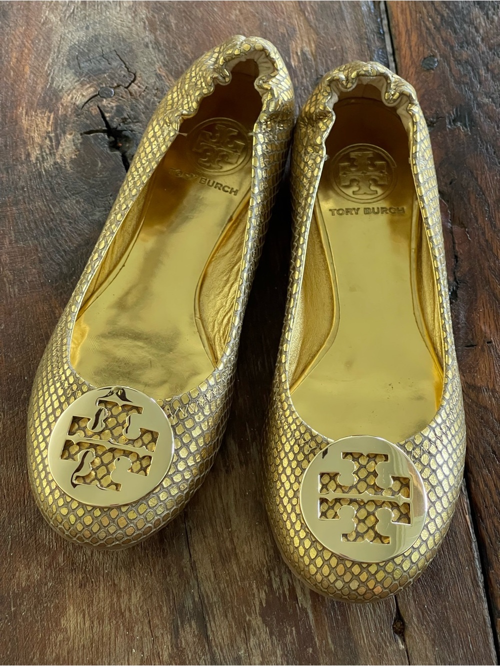 Tory Burch Reva Metallic Gold Snakeskin-Print Logo Ballet Flats Sz 6.5 Leather